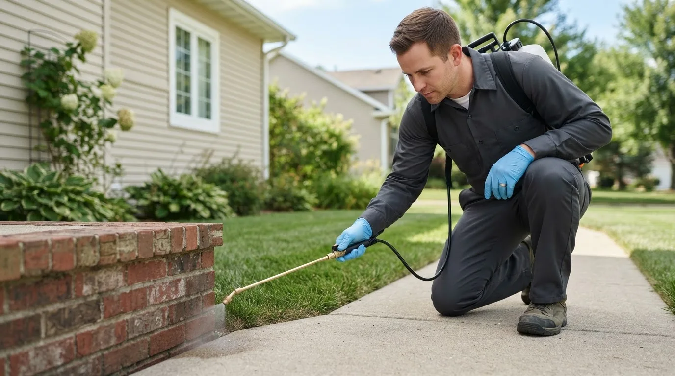 Pest control technician treating a home near Kalida, OH